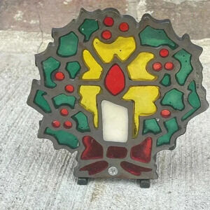 Vintage Christmas Holiday Wreath Votive holder Tea Light Taiwan Metal Colorful